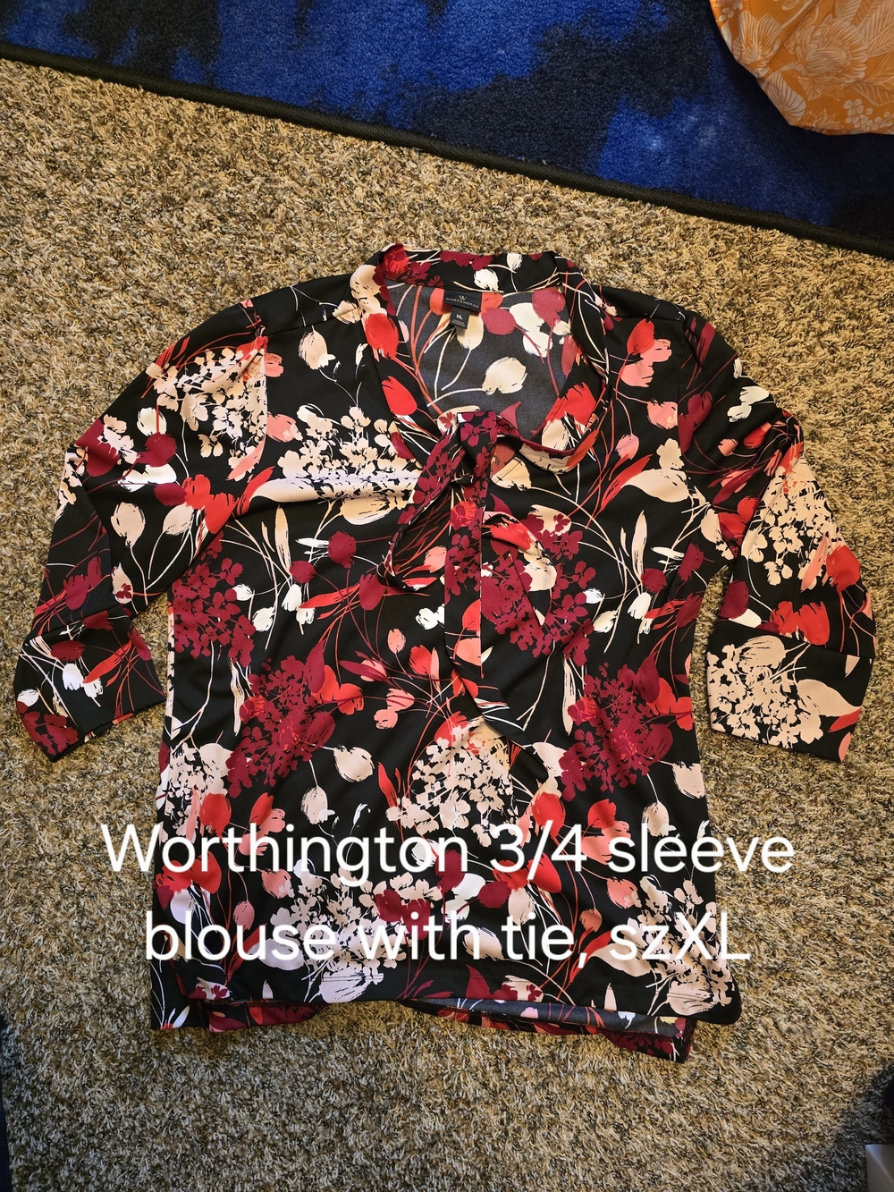 Worthington Black Floral Tie-Neck Blouse